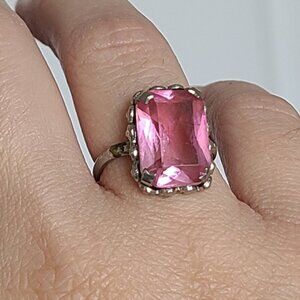 Vintage Boho Antique Sterling Silver Rectangle Pink Topaz Crystal Ring 6